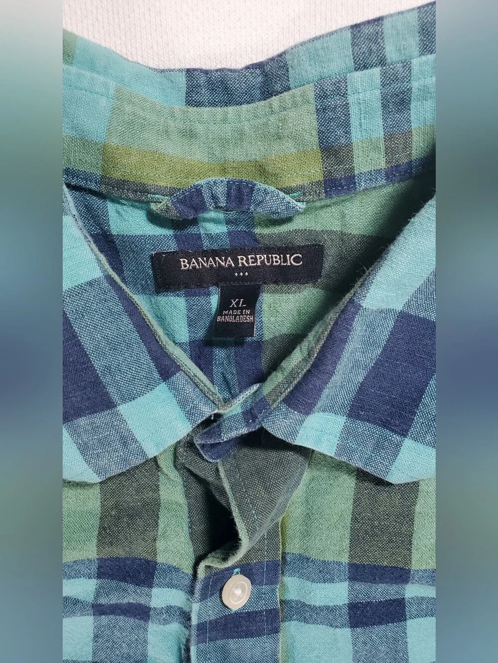 Banana Republic Mens XL Shirt Blue Green Plaid Linen Cotton Short Sleeve Pocket